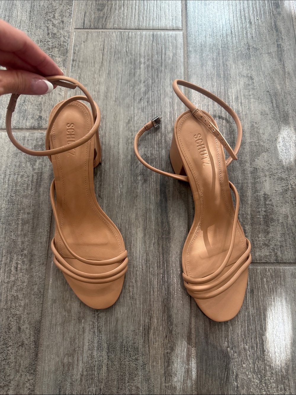 SCHUTZ Nude Tan Strappy Block Heel Sandals